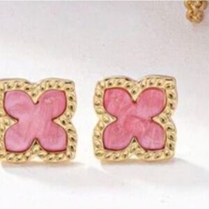 Pink and Gold Floral Clover Stud Earrings